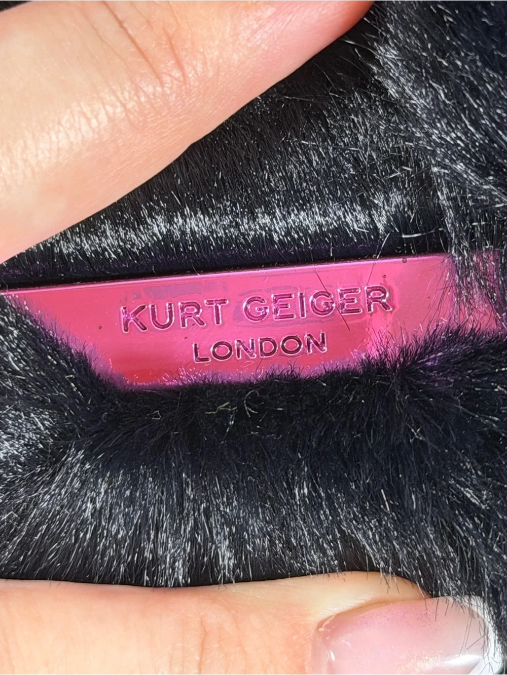 Kurt Geiger Black Faux Fur Jeweled Phone Case with Pink Glitter Chain